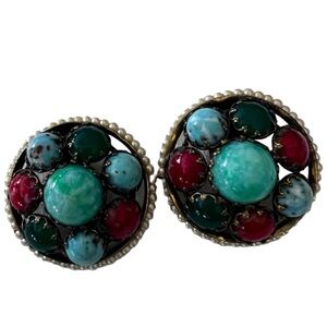 Vintage Clip-On Statement Earrings Faux Turquoise Coral Pearl Trim